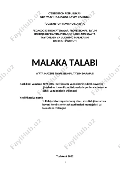 refrijerator vagonlarining dizel, sovutish jihozlari va havoni konditsionerlash qurilmalari montajchisi va ta'mirlash chilangari — DOC