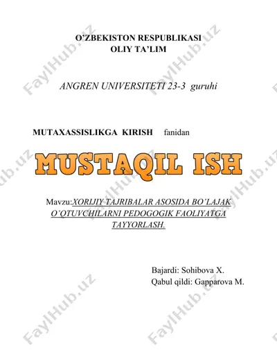 xorijiy tajribalar asosida bo’lajak o’qtuvchilarni pedogogik faoliyatga tayyorlash — DOC