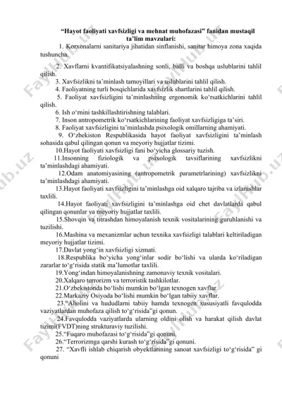 hayot faoliyati xavfsizligi va mehnat muhofazasi fanidan mustaqil ta’lim mavzulari — DOC