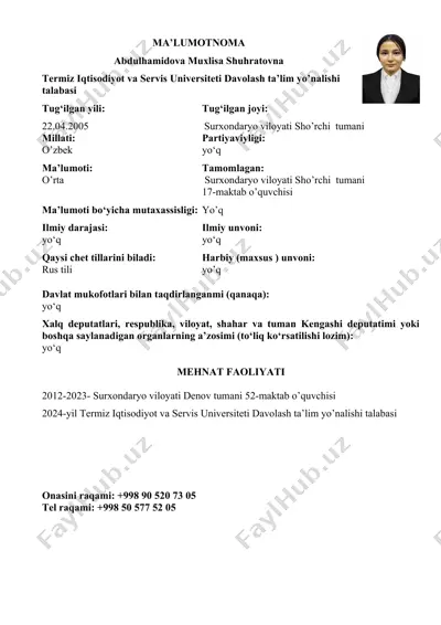abdulhamidova muxlisa shuhratovna haqida ma'lumotlar — DOC