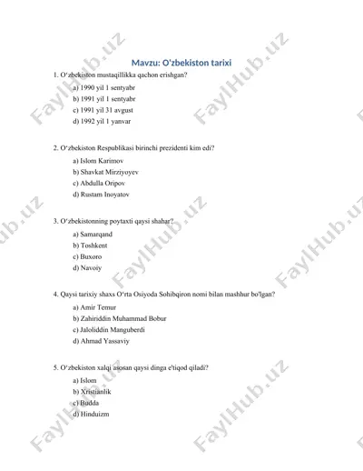 o'zbekiston tarixi test savollari — DOC