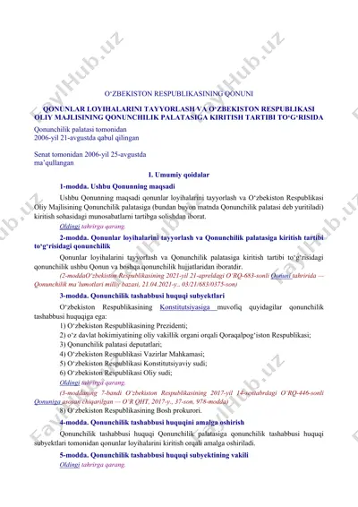 qonunlar loyihalarini tayyorlash va o‘zbekiston respublikasi oliy majlisining qonunchilik palatasiga kiritish tartibi to‘g‘risida — DOC