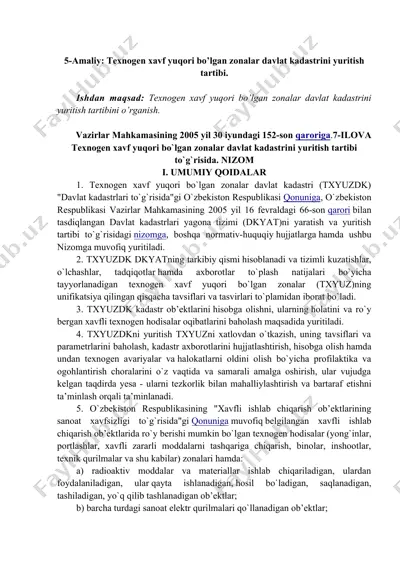 texnogen xavf yuqori bo’lgan zonalar davlat kadastrini yuritish tartibi — DOC
