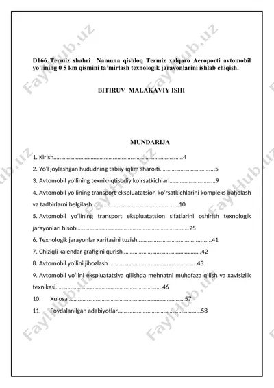 d166 termiz shahri namuna qishloq termiz xalqaro aeroporti avtomobil yo’lining 0 5 km qismini ta’mirlash texnologik jarayonlarini ishlab chiqish. — DOCX