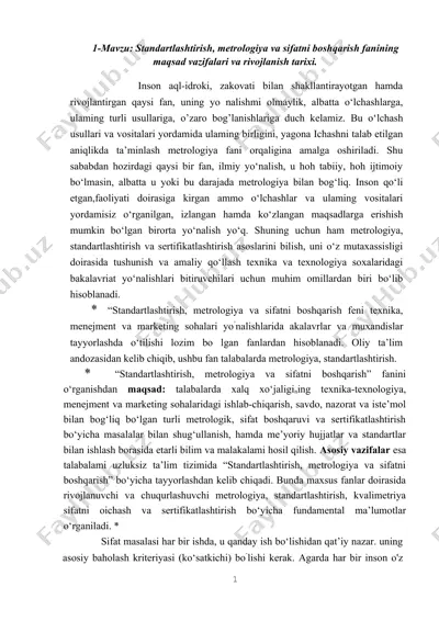 standartlashtirish, metrologiya va sifatni boshqarish fanining maqsad vazifalari va rivojlanish tarixi — DOC