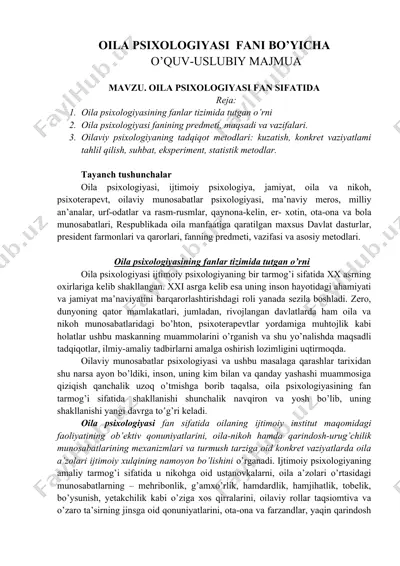 oila psixologiyasi fani bo'yicha o'quv-uslubiy majmua — DOC
