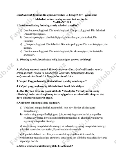 qo’qon univesiteti ii-bosqich mt - yo’nalishi talabalari uchun oraliq nazorat test variantlari — DOC