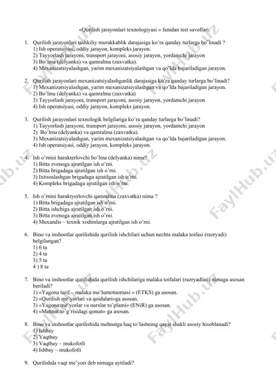 qurilish jarayonlari texnologiyasi fanidan test savollari — DOC