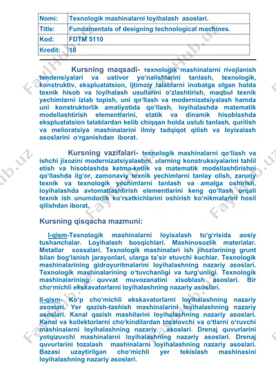texnologik mashinalarni loyihalash asoslari — DOC