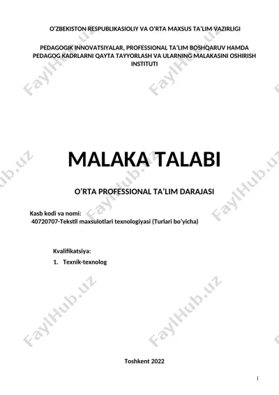 tekstil maxsulotlari texnologiyasi (turlari bo’yicha) — DOC