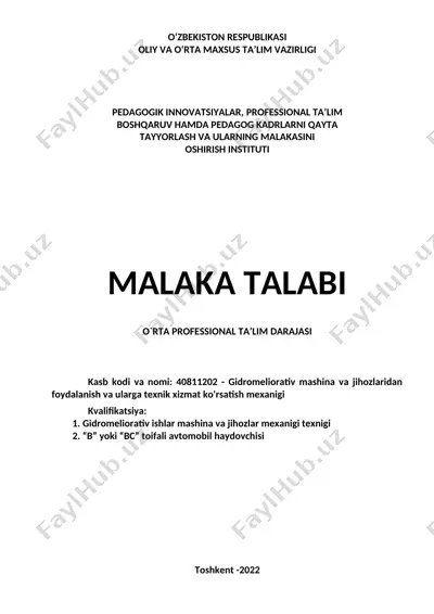 gidromeliorativ mashina va jihozlaridan foydalanish va ularga texnik xizmat ko'rsatish mexanigi — DOC