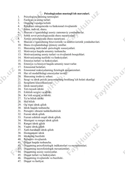 psixologiyadan mustaqil ish mavzulari — DOC
