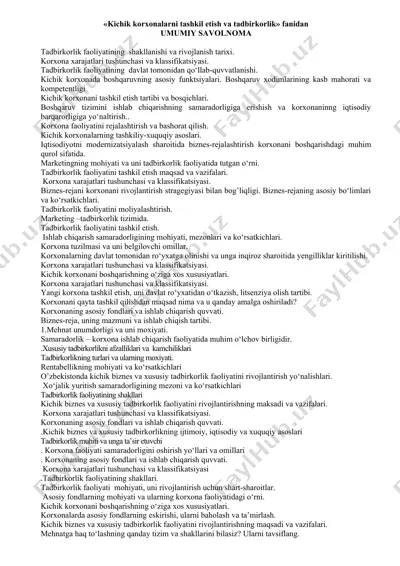 kichik korxonalarni tashkil etish va tadbirkorlik fanidan umumiy savolnama — DOC