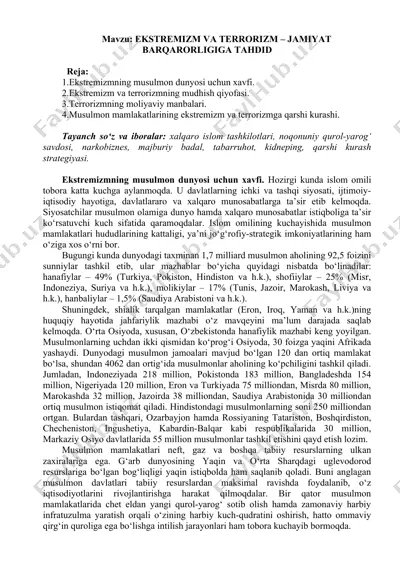 ekstremizm va terrorizmning musulmon dunyosi uchun xavfi — DOC