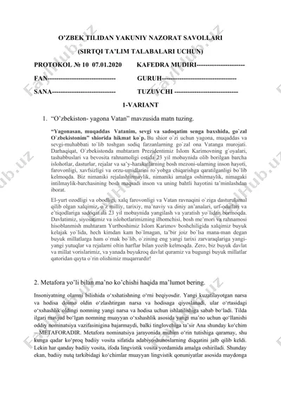 o’zbek tilidan yakuniy nazorat savollari — DOC