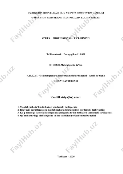 maktabgacha ta’lim yordamchi tarbiyachisi o’quv dasturi — DOC