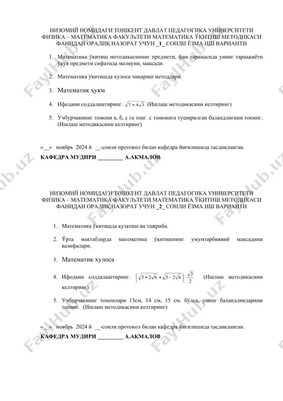 matematika o'qitish metodikasi — DOC