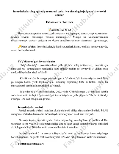 investitsiyalarning iqtisodiy mazmuni turlari va ularning hajmiga taʼsir etuvchi omillar — DOCX