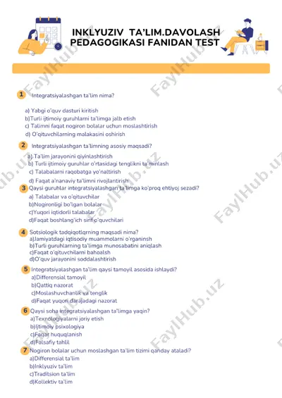 inklyuziv ta’lim.davolash pedagogikasi fanidan test — PDF