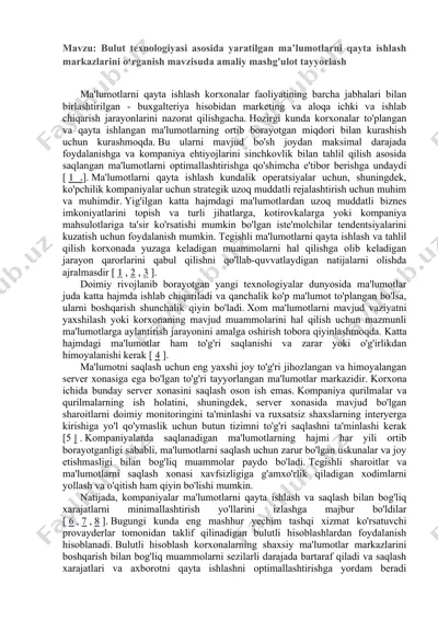 bulut texnologiyasi asosida yaratilgan ma’lumotlarni qayta ishlash markazlarini о‘rganis — DOCX