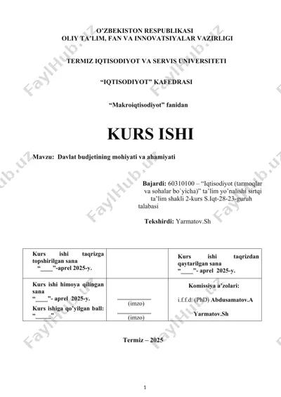 kurs ishi davlat budjetining mohiyati va ahamiyati — DOCX