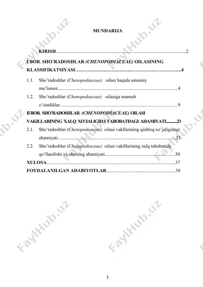 sho’radoshlar (chenopodiaceae) oilasi vakillarining xalq xo’jaligida tabiatdagi ahamiyati — DOCX