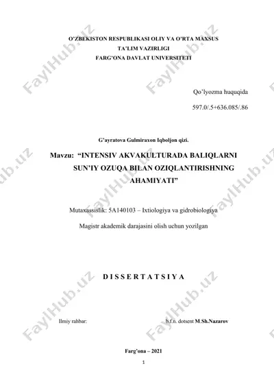 dissertatsiya "intensiv akvakulturada baliqlarni sun’iy ozuqa bilan oziqlantirishning ahamiyati" — DOCX