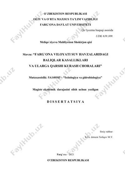 "farg`ona viloyati suv havzalaridagi baliqlar kasalliklari va ularga qarshi kurash choralari" — DOC