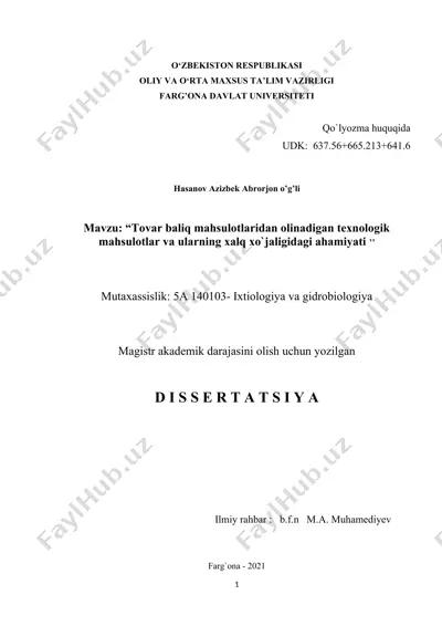 tovar baliq mahsulotlaridan olinadigan texnologik mahsulotlar va ularning xalq xo‘jaligidagi ahamiyati — DOC