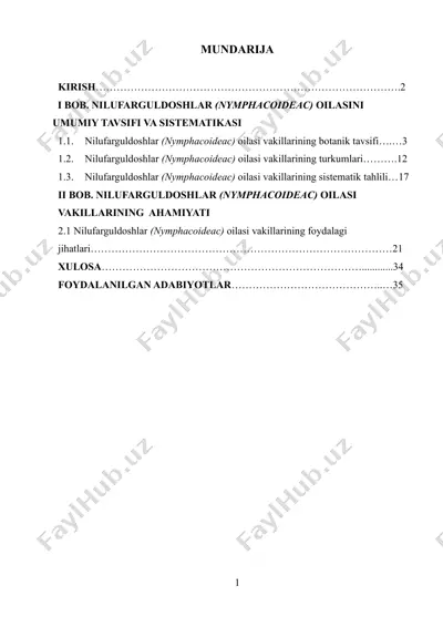 nilufarguldoshlar (nymphacoideac) oilasi haqida ma'lumotlar — DOCX