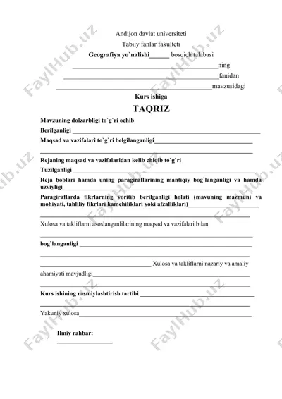 geografiya yo`nalishi bosqich talabasi kurs ishiga taqriz — DOCX
