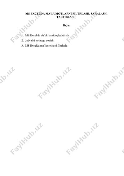 ms excelda ma'lumotlarni filtrlash, saralash, tartiblash — DOC