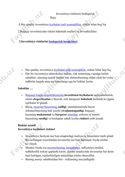 investitsiya risklarini boshqarish — DOCX