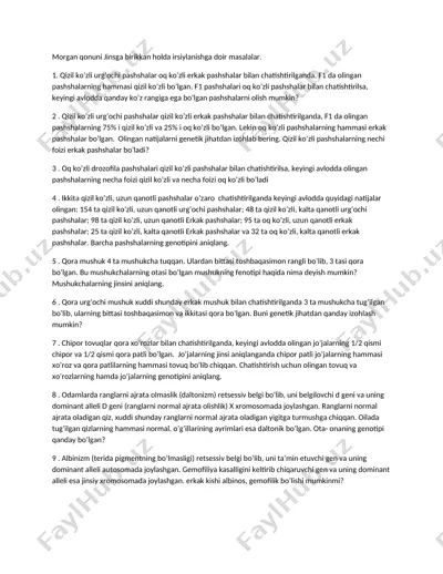 morgan qonuni jinsga birikkan holda irsiylanishga doir masalalar — DOCX