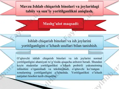 ishlab chiqarish binolari va vajoylaridagi tabiiy va sun'iyyoritilganlikni aniqlash — PPTX