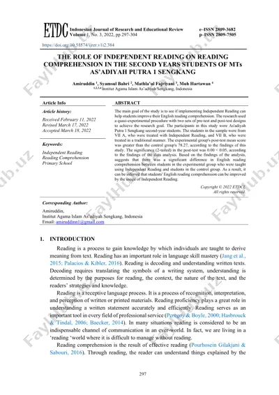 the role of independent reading on reading comprehension in the second years students of mts as'adiyah putra 1 sengkang — PDF
