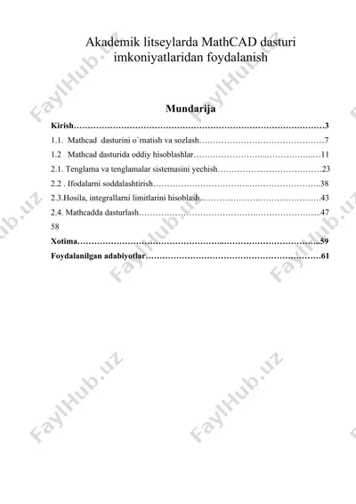 akademik litseylarda mathcad dasturi imkoniyatlaridan foydalanish — DOCX