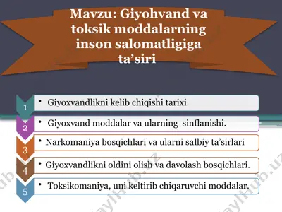 giyohvand va toksik moddalarning inson salomatligiga taʼsiri — PPTX