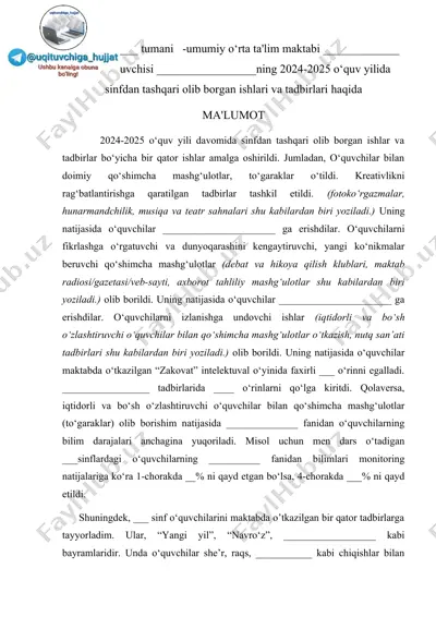 o‘quv yili davomida sinfdan tashqari olib borgan ishlari va tadbirlari — DOC