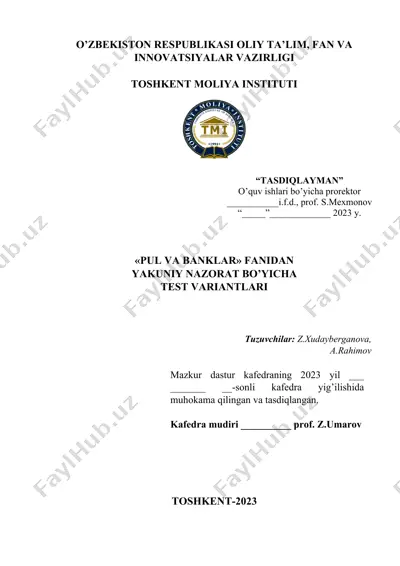 "pul va banklar fanidan testlar" — DOC
