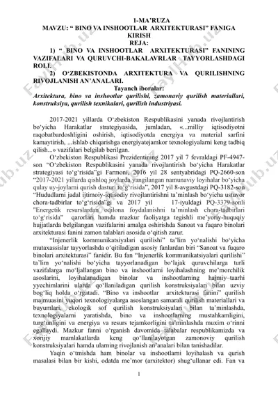 arxitektura va qurilishning rivojlanish an’analari — DOC
