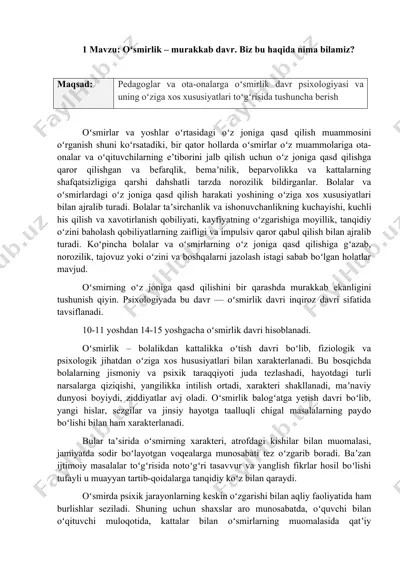 oʻsmirlik – murakkab davr. biz bu haqida nima bilamiz? — DOC