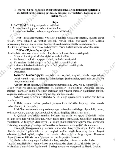 sa'nat sohasida axborot texnologiyalarida musiqani matematik modellashtirish fanining predmeti, maqsadi va vazifalari — DOC