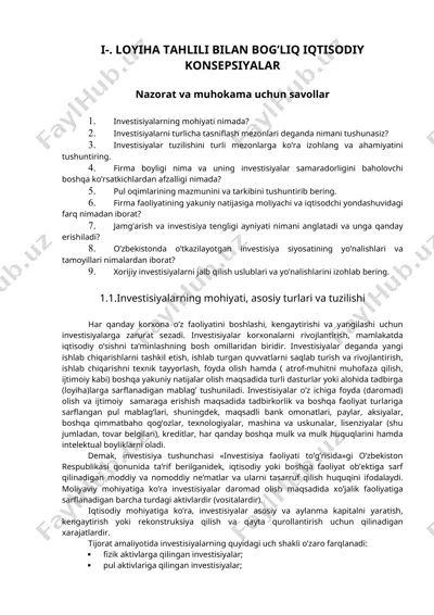 investitsiyalar va iqtisodiy konsepsiyalar tahlili — DOC
