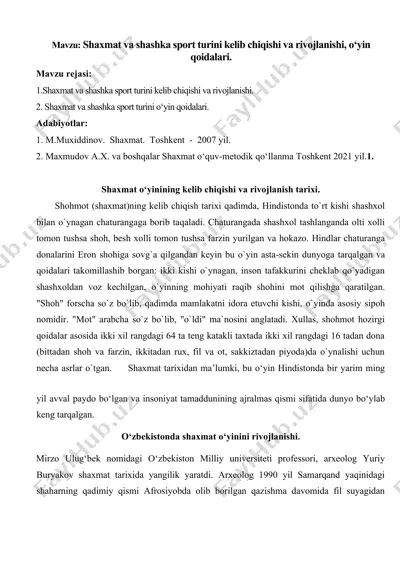 shaxmat va shashka sport turini kelib chiqishi va rivojlanishi, o‘yin qoidalari — DOC