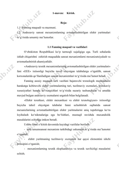 andozaviy sanoat mexanizmlarning avtomatlashtirilgan elektr yuritmalari — DOC
