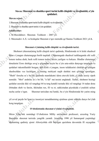 shaxmat va shashka sport turini kelib chiqishi va rivojlanishi, o‘yin qoidalari — DOC