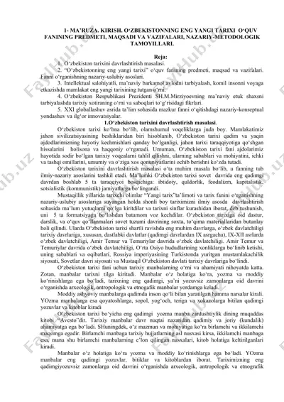 o‘zbekiston tarixini davrlashtirish masalasi — DOC