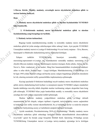 moddiy va nomoddiy madaniy meros ob'yektlarini muhofaza qilish va turizm fanining mohiyati — DOC