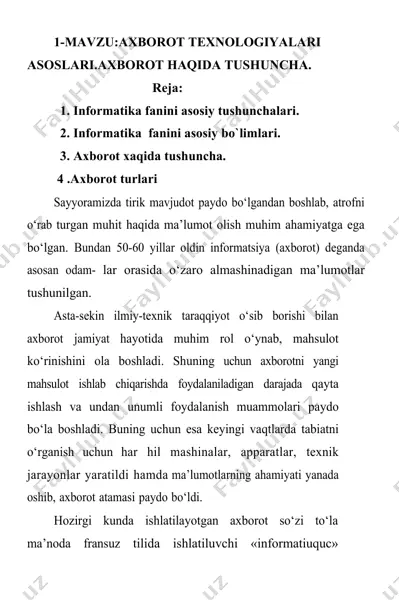 axborot texnologiyalari asoslari. axborot haqida tushuncha — DOC